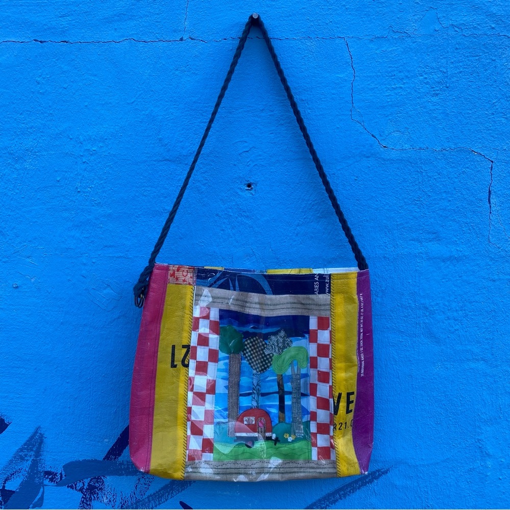 Colorful Recycled Tote Bag multicolored collage repurposed upcycled shoulder bag